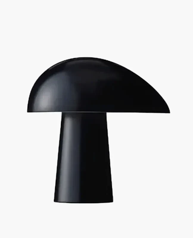 Black mushroom-shaped table lamp with a smooth, glossy finish.