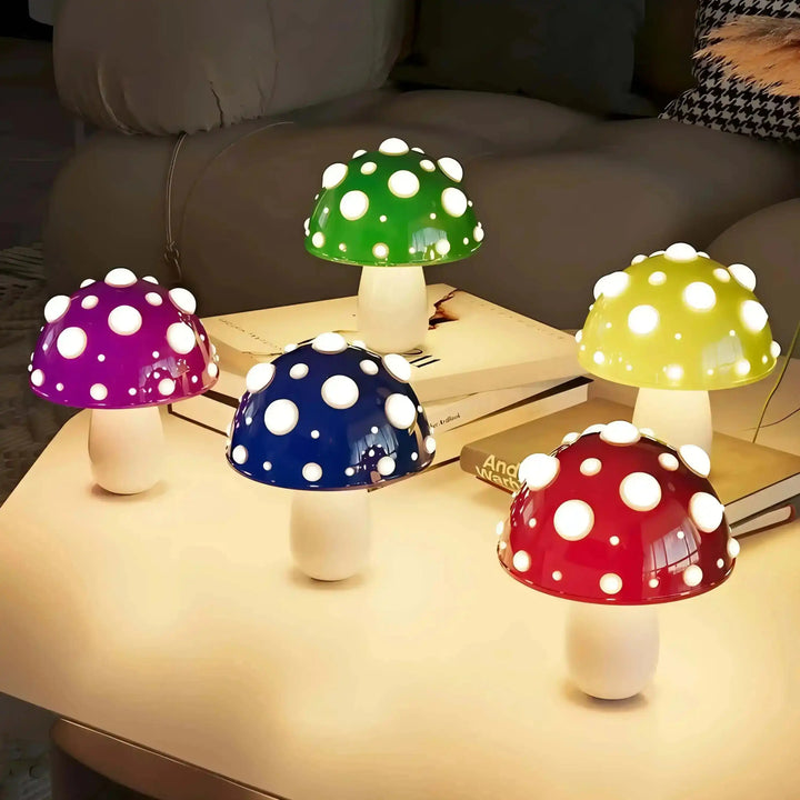 Colorful mushroom-shaped lamps with polka dot patterns.