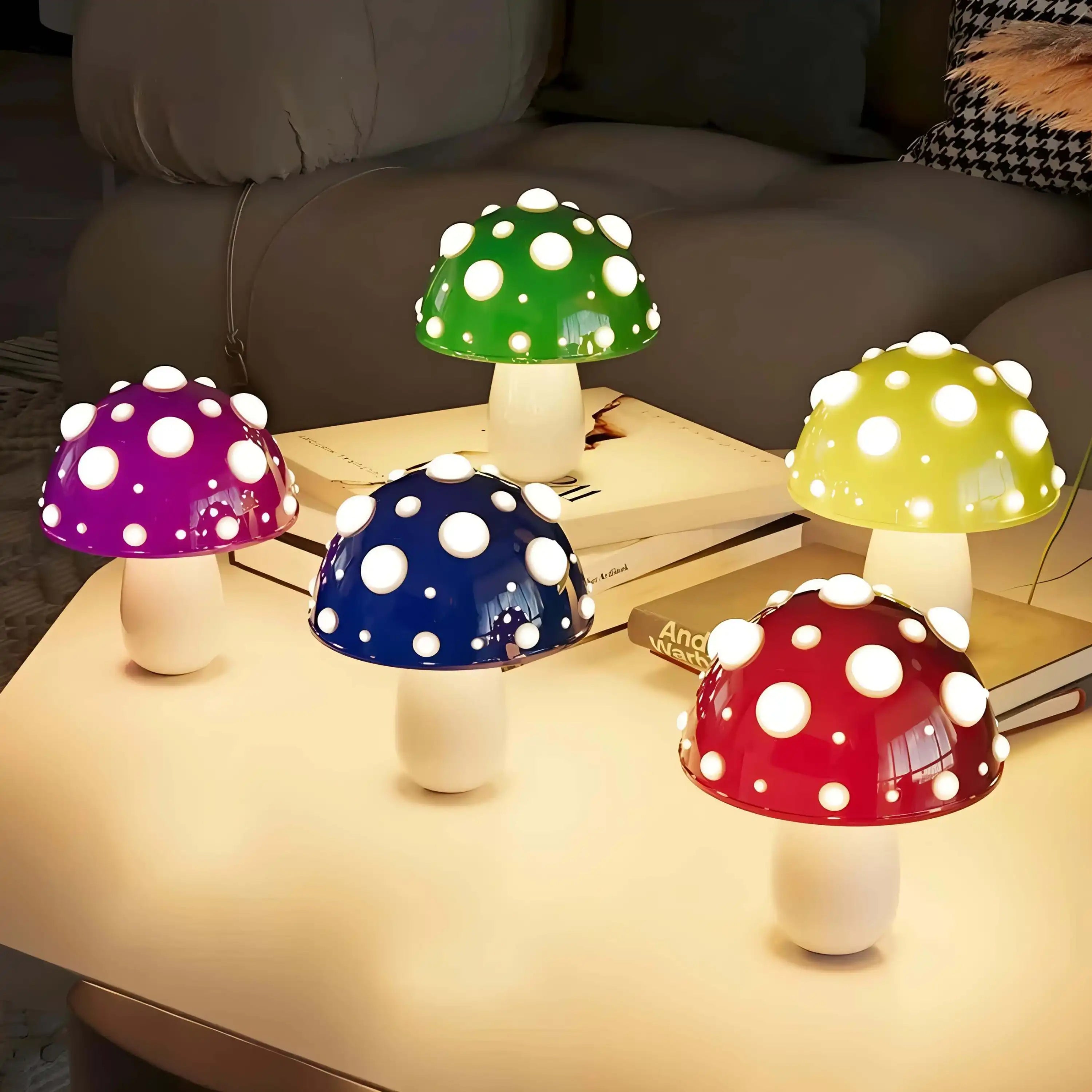 Colorful mushroom-shaped lamps with polka dot patterns.