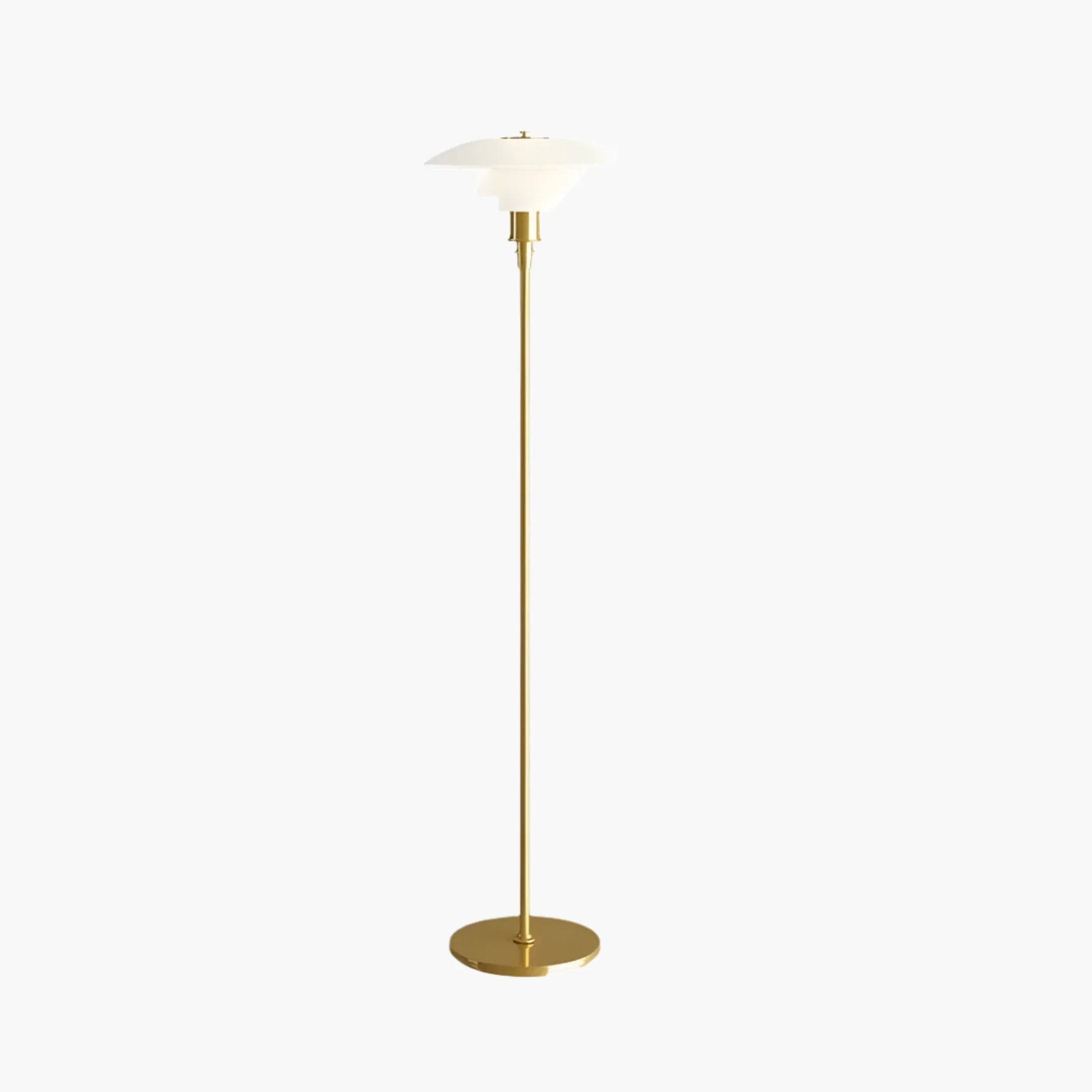 Modern floor lamp with a slender brass stand and white disc-shaped shade.