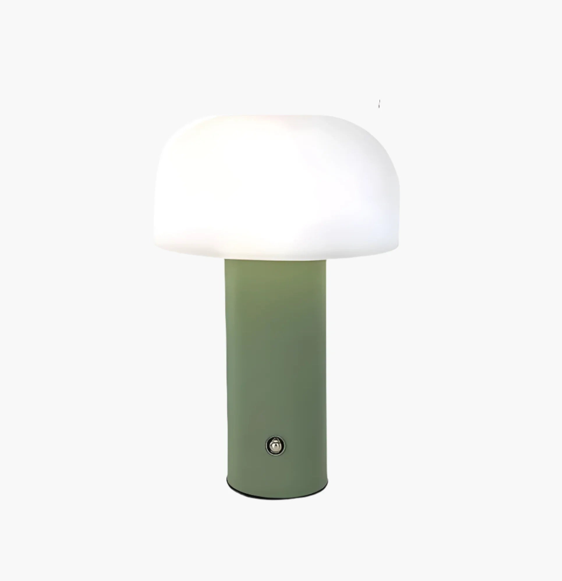 Modern table lamp with a green cylindrical base and white dome-shaped shade.