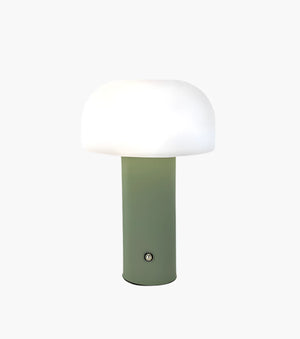 Mushroom-shaped table lamp with a green base and white dome shade.