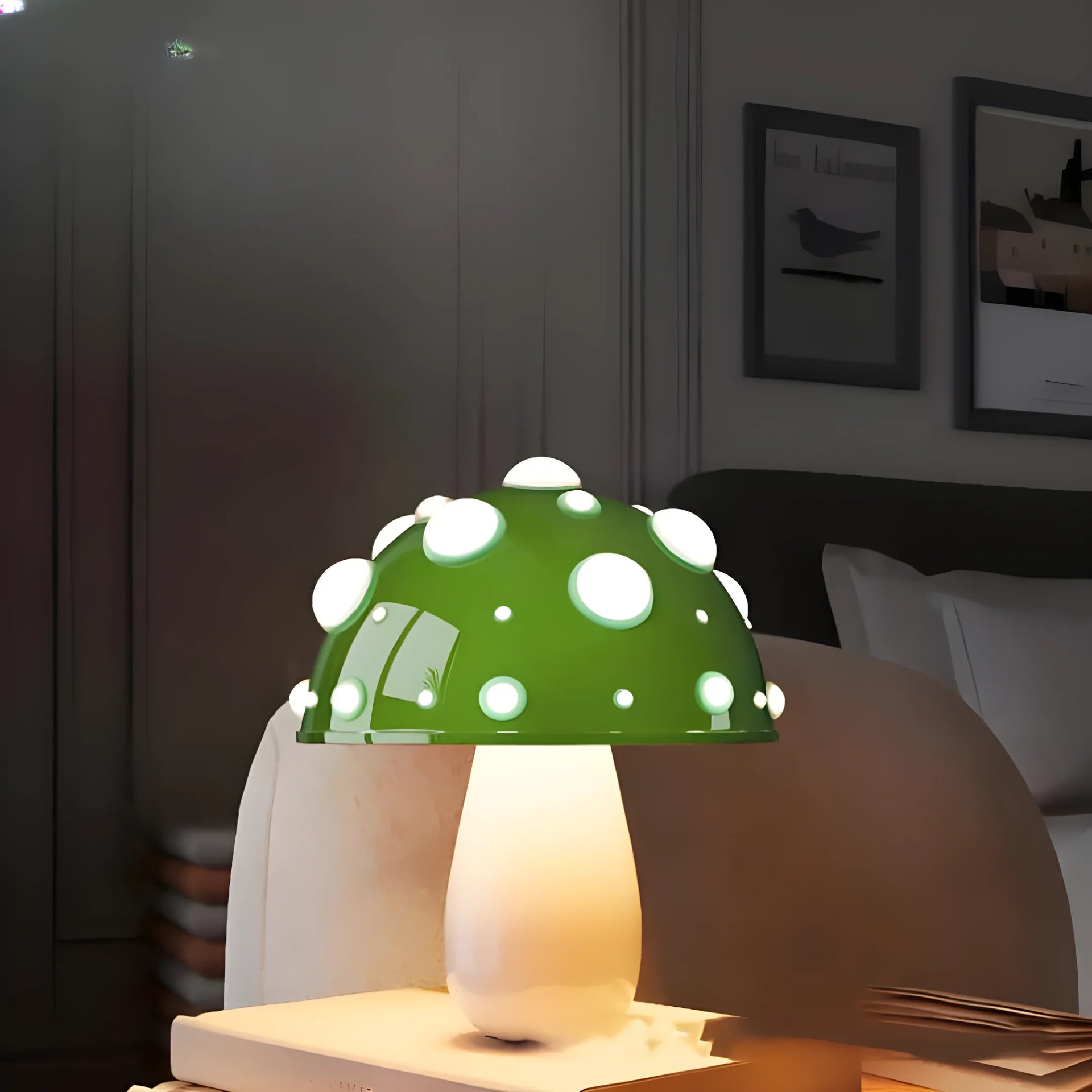 Whimsical mushroom-shaped table lamp with a green cap dotted with white spots.