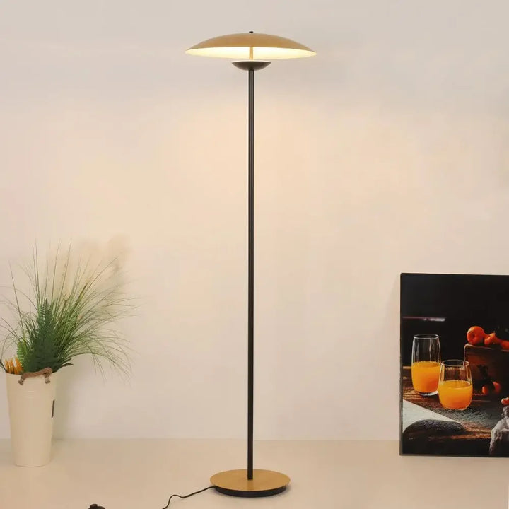 Modern floor lamp with a slim metal stand and a wide, flat circular shade.