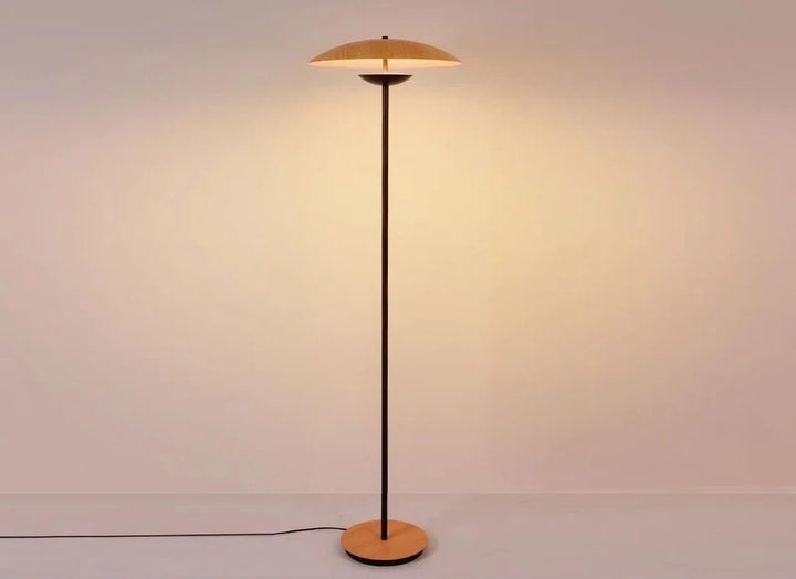 Modern floor lamp with a slim stand and wide, disc-shaped shade.