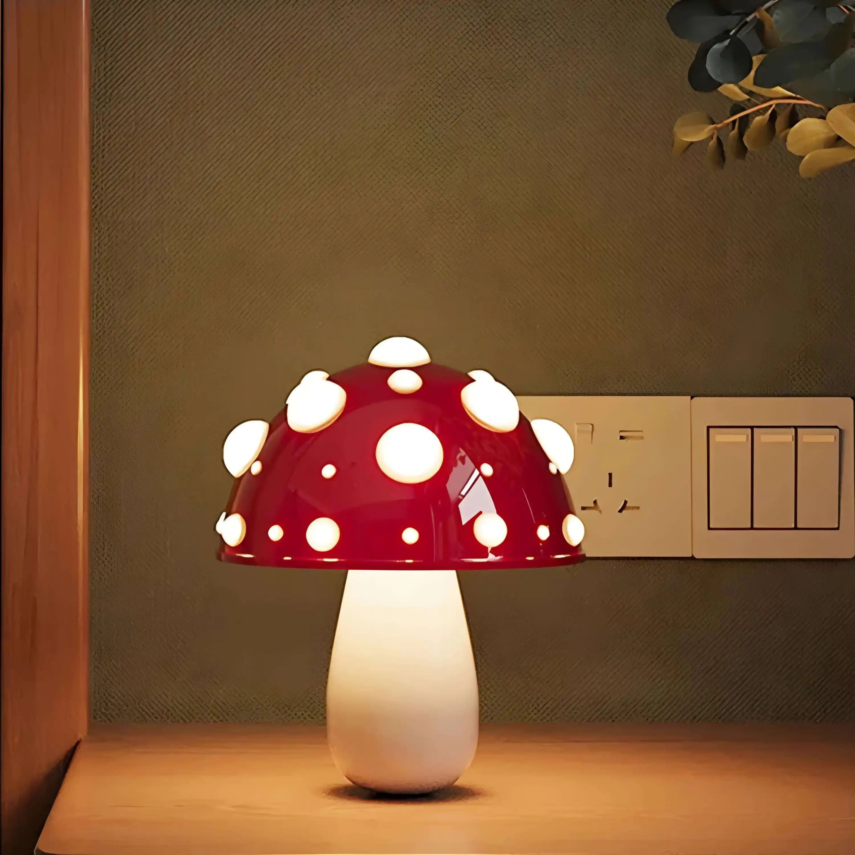 Mushroom-shaped lamp with a red and white spotted cap.