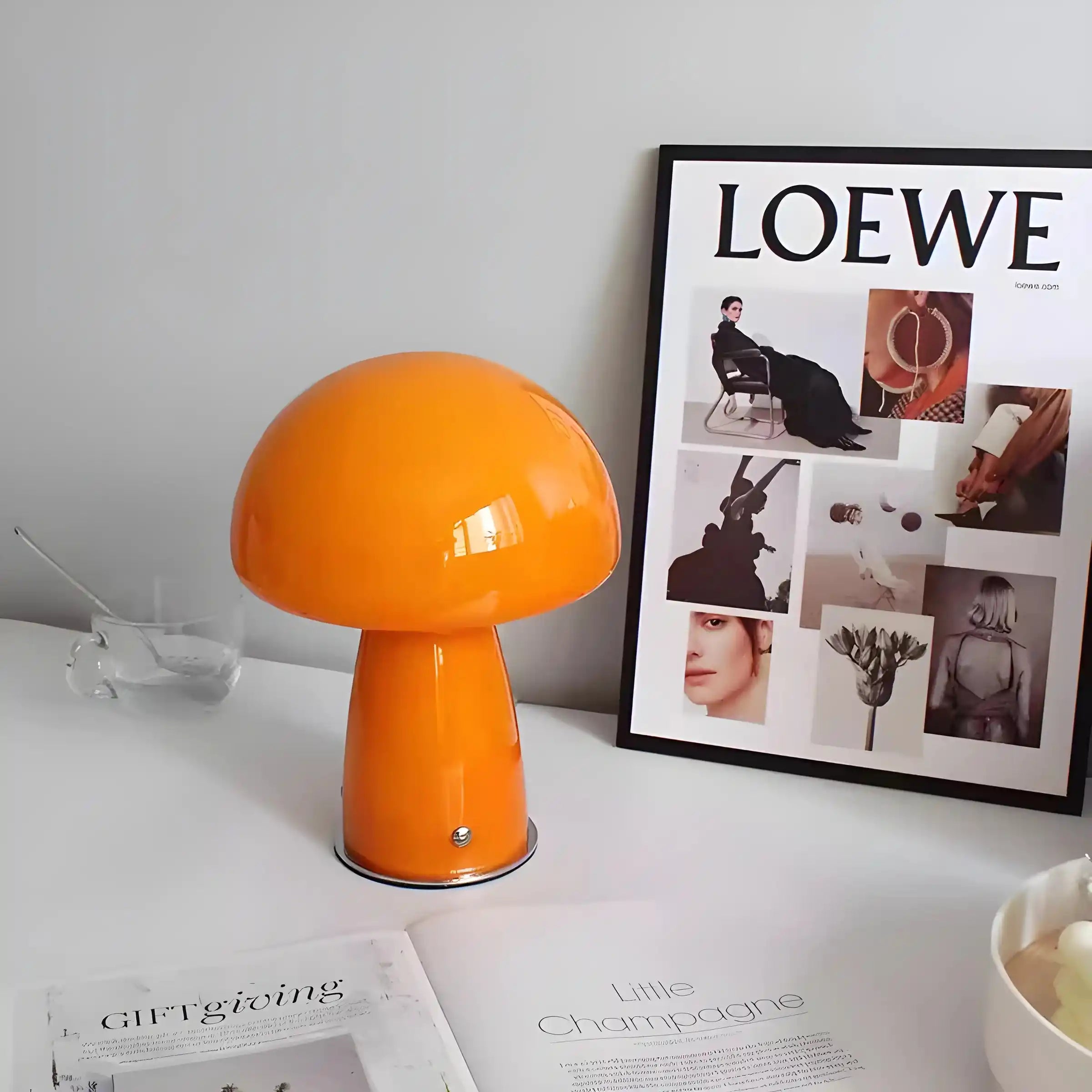 Orange mushroom-shaped table lamp.