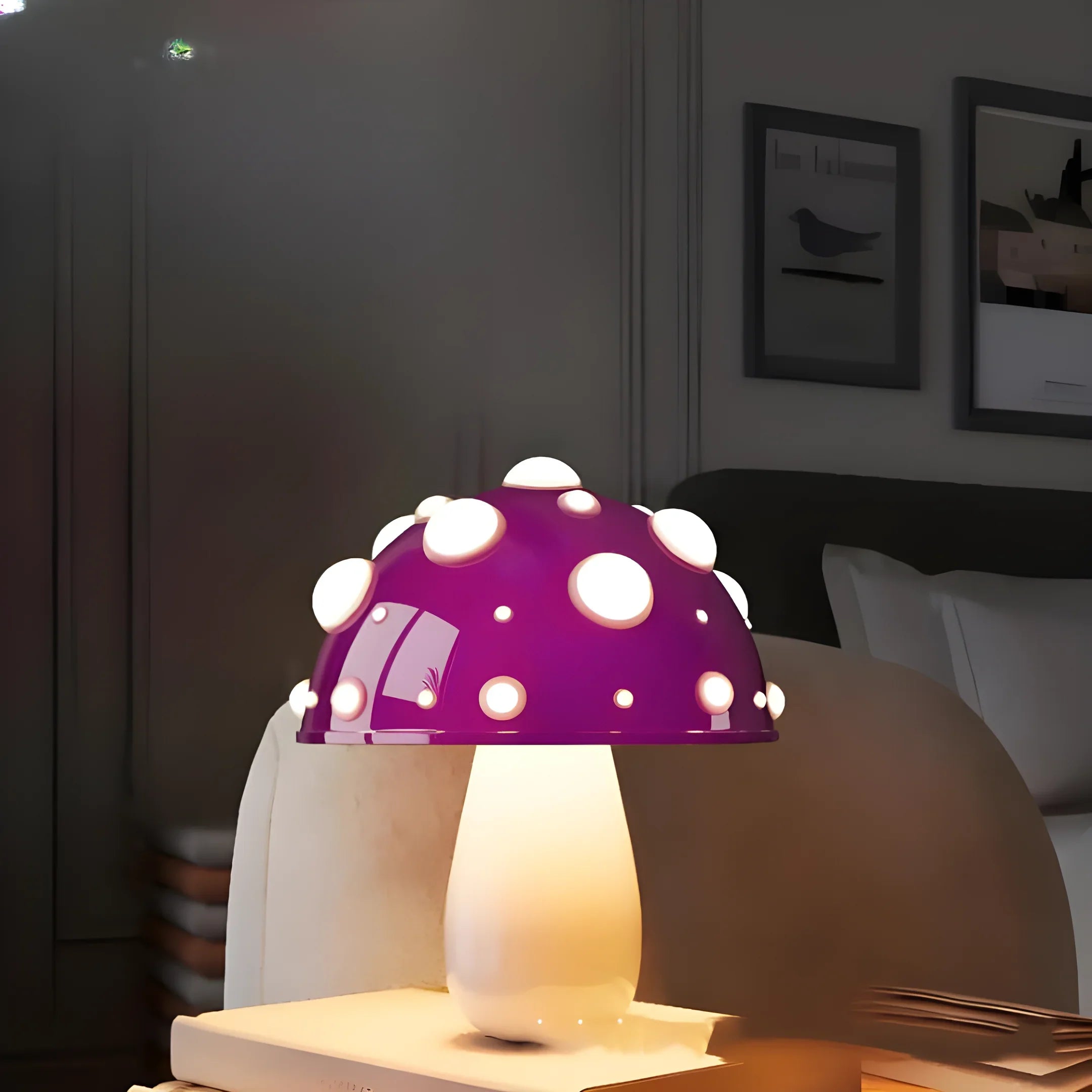 Purple mushroom-shaped lamp with white polka dots.