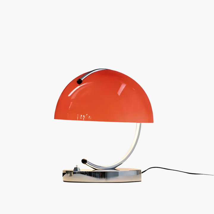 Red dome-shaped table lamp with a curved metal base and stem.