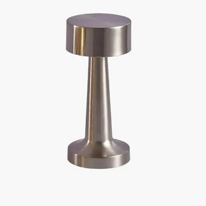 Metallic dumbbell-shaped object with a cylindrical body and flat circular ends.