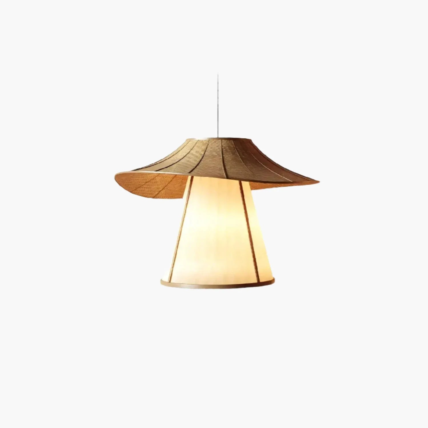 Mushroom-shaped pendant lamp with a wooden top and glowing fabric shade.