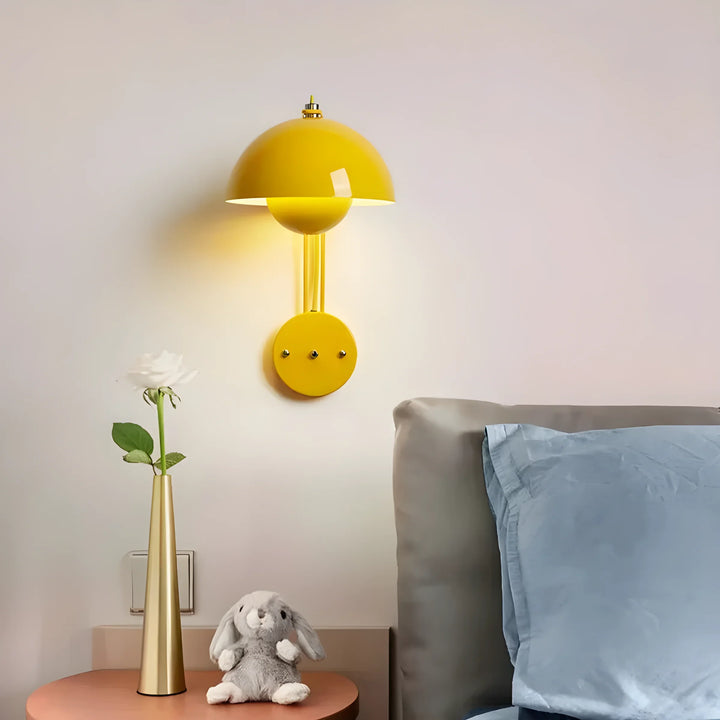 Bright yellow wall-mounted lamp with a dome-shaped shade.