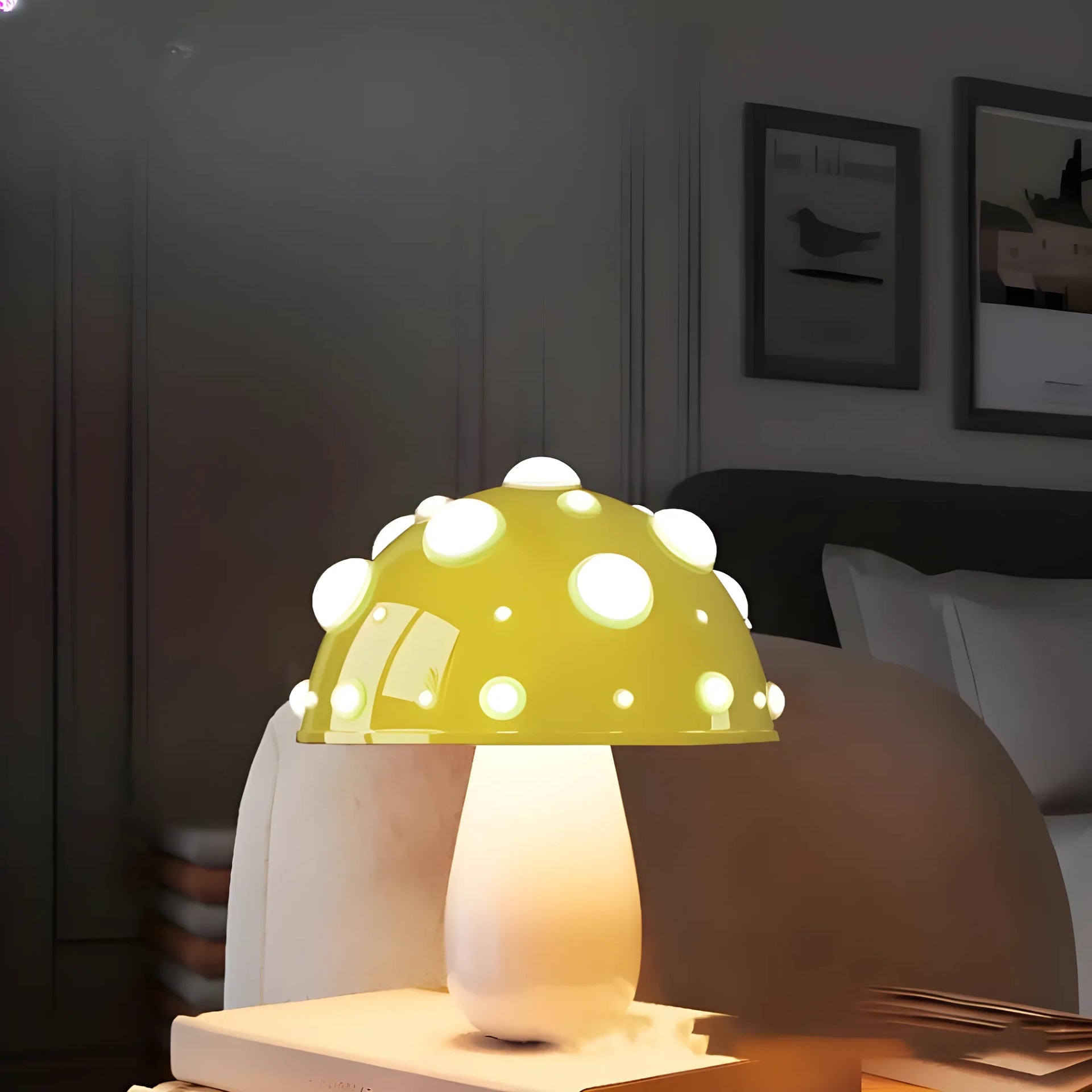 Whimsical mushroom-shaped table lamp with a yellow polka-dotted cap glowing softly.